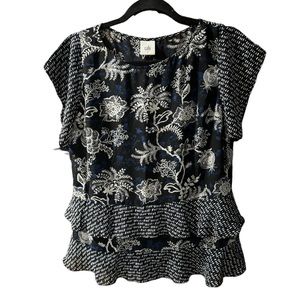 Cabi #5355 Top Floral Hybrid Semi Sheer Ruffle Lined S Small Navy Blue Shirt